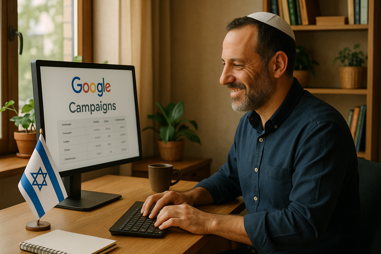 עצמאי במחשב בעבודתו על ניהול קמפיין בגוגל