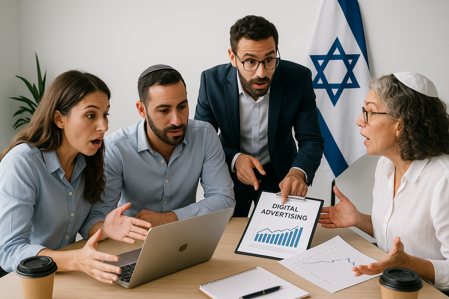 בעל עסק מקבל ייעוץ לשירותי פרסום עם סוכנות מתקדמת